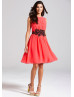 Coral Chiffon Black Lace Boat Neckline Short Prom Dress